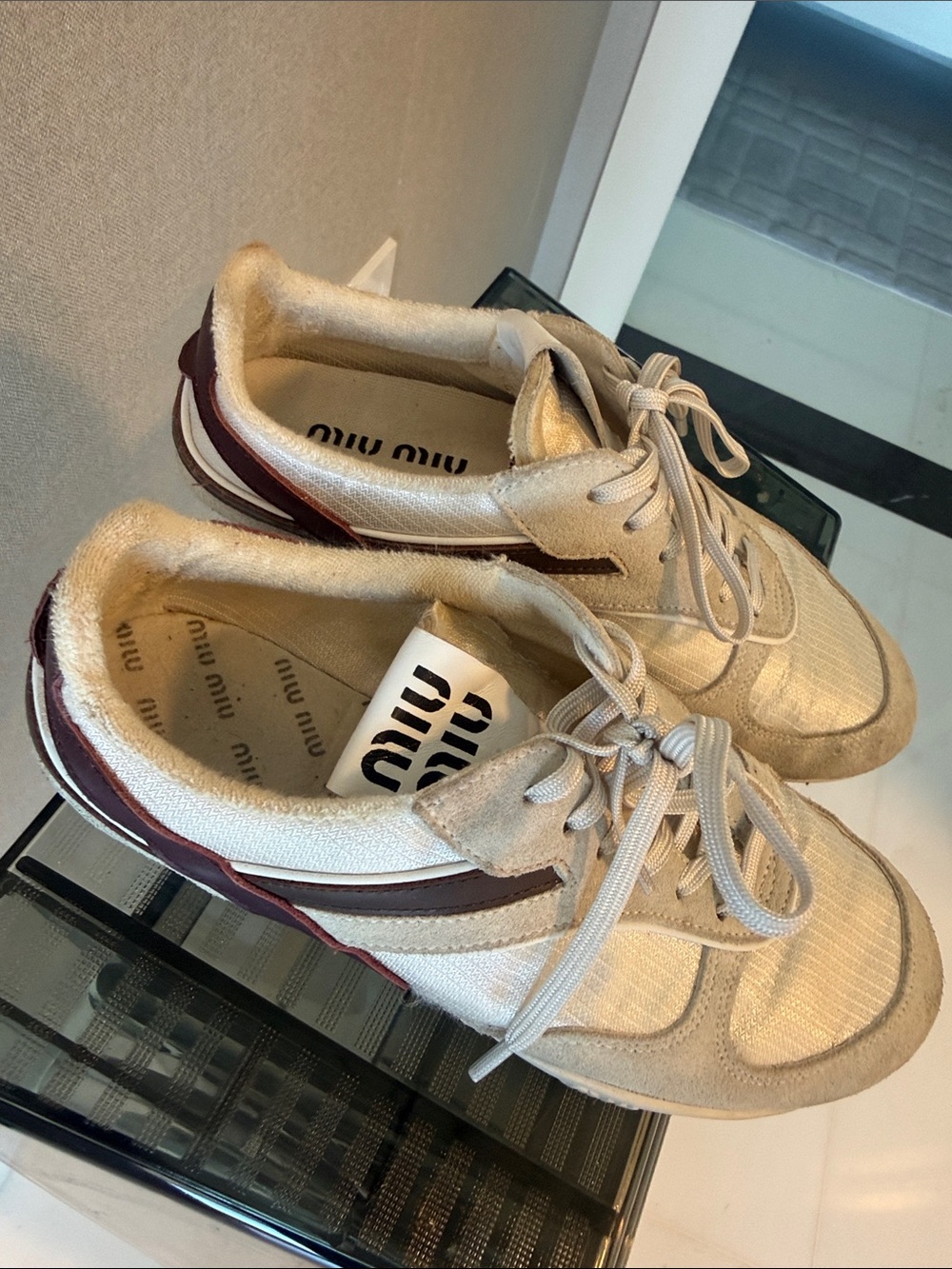 Beige and Cream Lace-Up Sneakers - Picture 4 of 5
